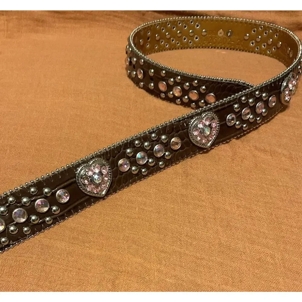 Nocona Pink Heart Rhinestone Leather Belt Girls Western Alligator Print